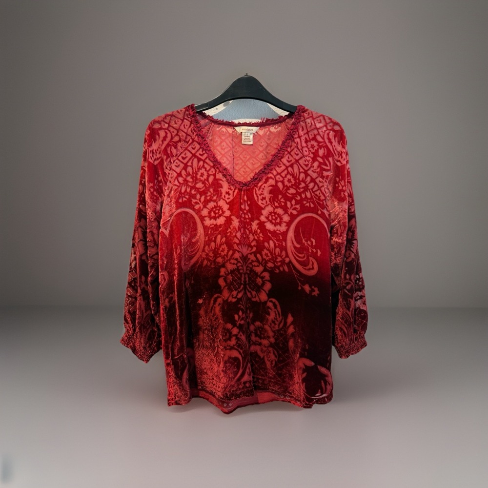 Sundance Womens Red Floral Velvet Burnout Sentimental‎ Mood Silk Blend Blouse SM